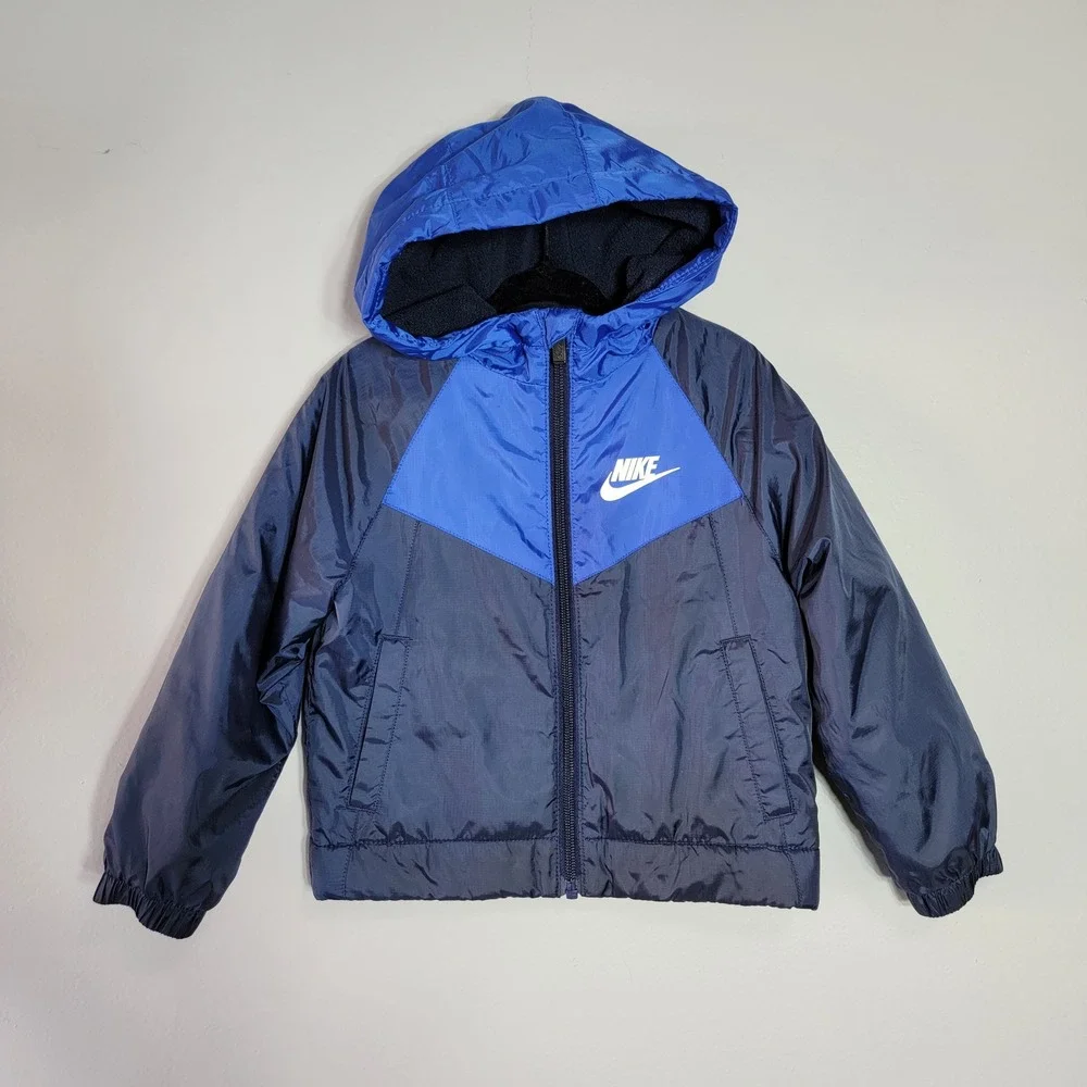 Nike Boys 2T Fleece Lined‎ Jacket Blue Navy Chevron Logo Hooded Kids